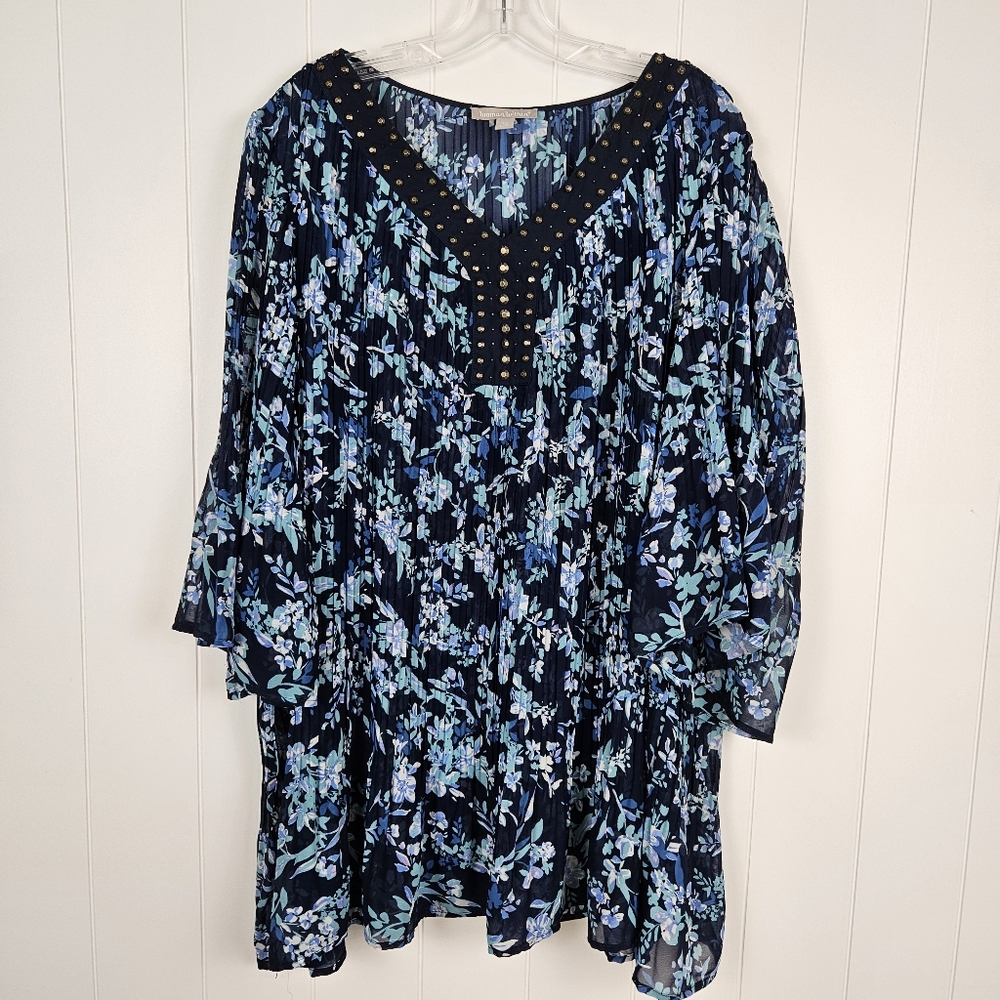 Woman Within Blouse Blue Sheer Floral Studded V Neck 3/4 Sleeve Tunic Crinkle